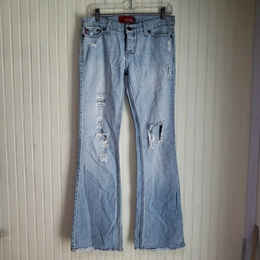 Hollister Denim‎ Jeans Womens Juniors 5 Blue Light Wash Flare Distressed 32x33